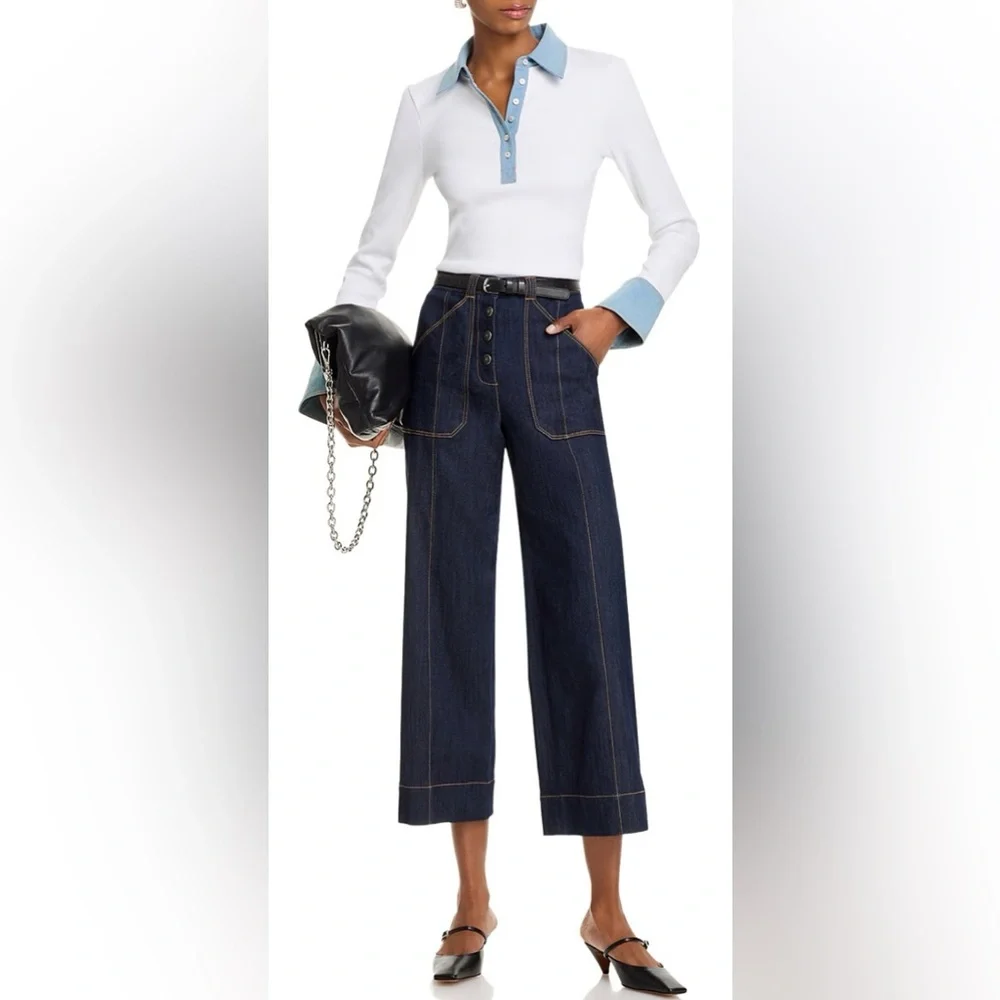 Cinq a Sept Jaden Denim Trim Top in White/Light Wash - Picture 2 of 5